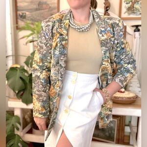 Vintage French Navy Floral Wallpaper 100%Cotton Blazer With Pockets